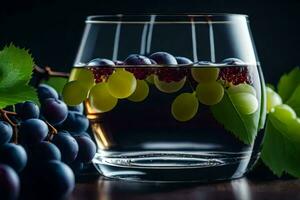 un' bicchiere di vino con uva e le foglie. ai-generato foto