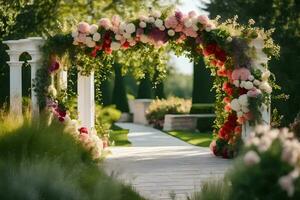 un' nozze arco con fiori nel il giardino. ai-generato foto