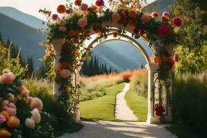 un' nozze arco con fiori nel il sfondo. ai-generato foto