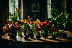 fiori nel vasi su un' tavolo nel davanti di un' finestra. ai-generato foto