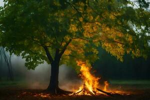 un' albero con fiamme e Fumo In arrivo a partire dal esso. ai-generato foto