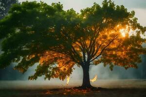 un' albero con fiamme In arrivo su di esso nel il mezzo di un' campo. ai-generato foto