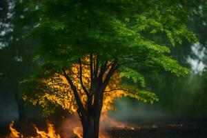 un' albero è ardente nel il mezzo di un' campo. ai-generato foto