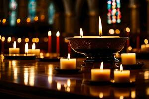 candele siamo illuminato nel un' Chiesa con candele nel il sfondo. ai-generato foto