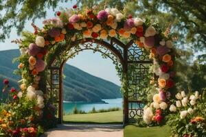 un' nozze arco decorato con fiori e un' lago. ai-generato foto