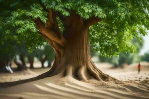 un' albero nel il deserto con sabbia e alberi. ai-generato foto