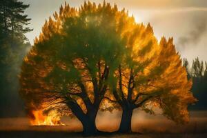 Due alberi siamo ardente nel il campo. ai-generato foto