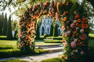 un' nozze arco fatto di fiori nel davanti di un' Casa. ai-generato foto