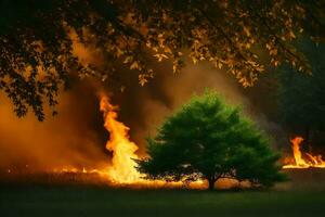 un' albero nel un' campo con fiamme e Fumo. ai-generato foto