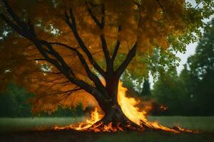 un' albero con fiamme In arrivo su di esso nel il mezzo di un' campo. ai-generato foto