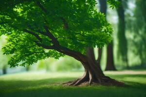 un' albero nel il mezzo di un' verde campo. ai-generato foto