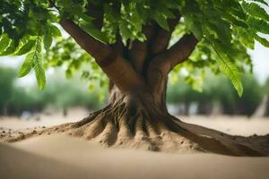 un' albero con radici nel il sabbia. ai-generato foto