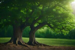 Due alberi nel il erba con il sole splendente attraverso. ai-generato foto