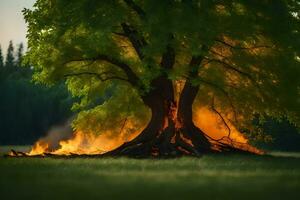 un' albero con fiamme In arrivo su di esso nel il mezzo di un' campo. ai-generato foto