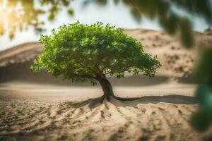 un' albero nel il deserto con un' piccolo radice. ai-generato foto