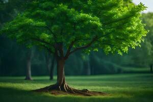 un' albero nel un' verde campo con erba e alberi. ai-generato foto