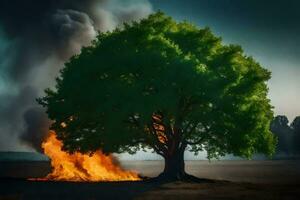 un' albero è ardente nel il mezzo di un' campo. ai-generato foto