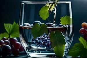 un' bicchiere di vino con uva e le foglie. ai-generato foto