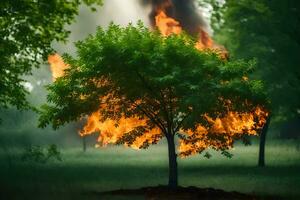 un' ardente albero nel il mezzo di un' campo. ai-generato foto