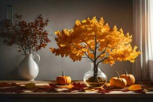 autunno le foglie e zucche su un' tavolo. ai-generato foto