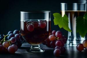 un' bicchiere di vino e uva su un' buio tavolo. ai-generato foto