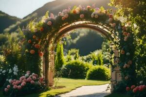 un arcata con fiori e verdura nel il sfondo. ai-generato foto