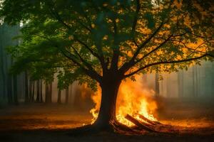 un' albero è ardente nel il mezzo di un' foresta. ai-generato foto