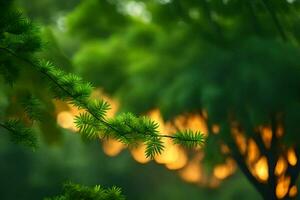 un' albero ramo con verde le foglie e un' luminosa sole. ai-generato foto