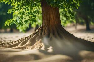 un' albero con radici nel il sabbia. ai-generato foto