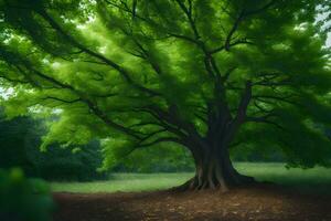 un' grande albero nel il mezzo di un' campo. ai-generato foto