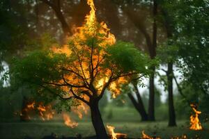 un' albero è ardente nel il erba con un' fuoco. ai-generato foto