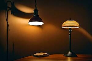 Due lampade su un' tavolo nel un' buio camera. ai-generato foto