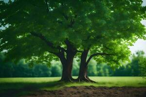 Due alberi siamo in piedi nel un' campo. ai-generato foto