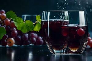 Due bicchieri di rosso vino con uva su un' tavolo. ai-generato foto