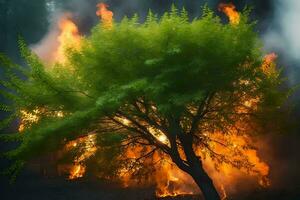 un' albero è ardente nel il foresta. ai-generato foto