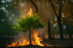 un' albero è ardente nel il mezzo di un' foresta. ai-generato foto