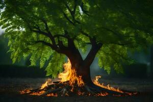 un' albero con fiamme In arrivo su di esso. ai-generato foto