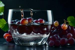 un' bicchiere di rosso vino con uva su un' nero sfondo. ai-generato foto