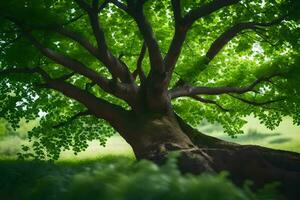 un' albero nel il mezzo di un' verde campo. ai-generato foto