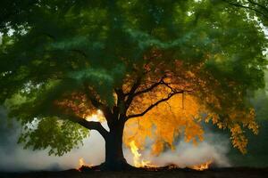 un' albero con Fumo In arrivo su di esso. ai-generato foto