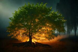 un' albero con fiamme In arrivo su di esso nel il scuro. ai-generato foto