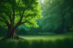 un' albero nel il mezzo di un' verde campo. ai-generato foto