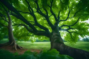 un' grande albero nel il mezzo di un' verde campo. ai-generato foto