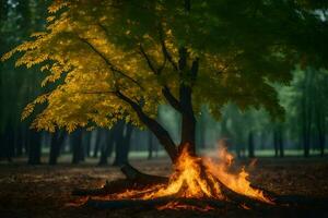 un' albero con fiamme nel il mezzo di un' foresta. ai-generato foto