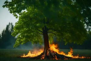 un' albero con fiamme In arrivo su di esso nel il mezzo di un' campo. ai-generato foto