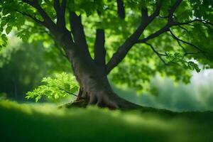 un' albero con verde le foglie e erba nel il sfondo. ai-generato foto