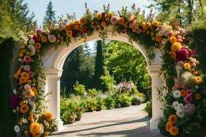 un arcata con fiori e verde. ai-generato foto