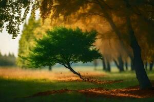 un' solitario albero nel il mezzo di un' campo. ai-generato foto