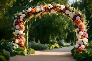 un' nozze arco decorato con fiori nel il giardino. ai-generato foto