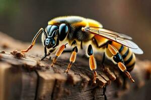 un' ape è seduta su un' pezzo di Di legno. ai-generato foto